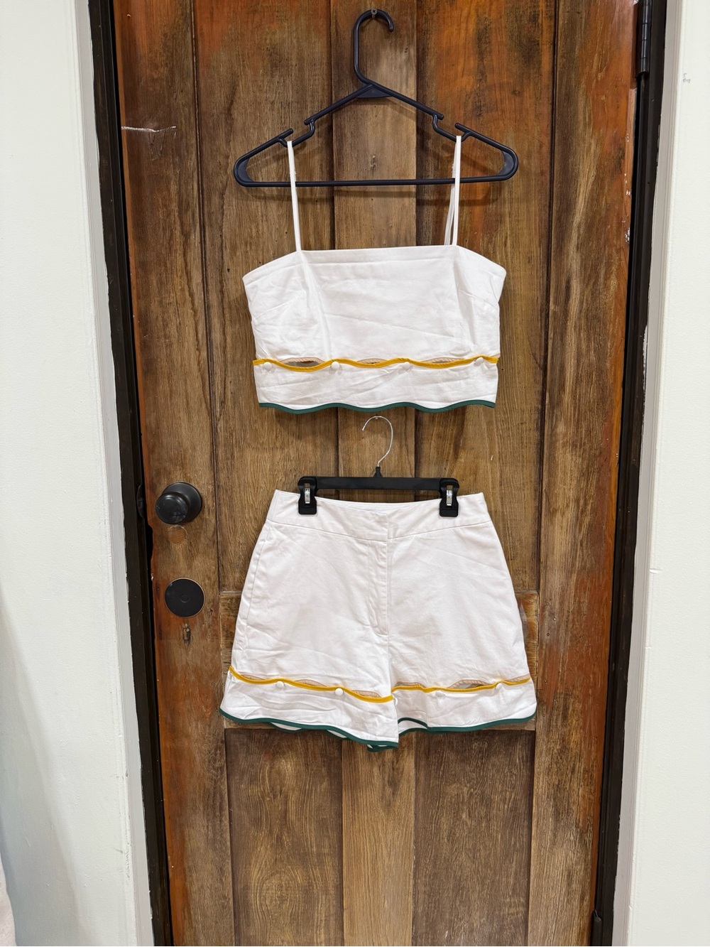 ANTONIO MELANI White High-Waist Shorts Set with Yellow & Green Trim